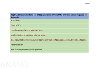 RegiSCAR inclusion criteria for DRESS syndrome. Three of the first four criteria required for 
diagnosis
Acute Rash
Fever > 38° C
Lymphadenopathy in at least two sites
Involvement of at least one internal organ
Blood count abnormalities (lymphopenia or lymphocytosis, eosinophilia, thrombocytopenia)
Hospitalization
Reaction suspected to be drug‐related
Dr N Anand
ANAND
 