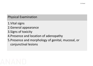 Physical Examination
1.Vital signs
2.General appearance
3.Signs of toxicity
4.Presence and location of adenopathy
5.Presence and morphology of genital, mucosal, or 
conjunctival lesions
Dr N Anand
ANAND
 