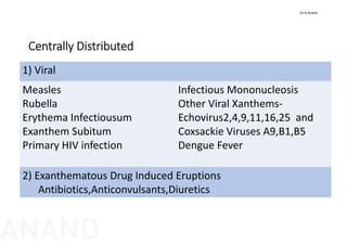 Centrally Distributed
1) Viral 
Measles
Rubella
Erythema Infectiousum
Exanthem Subitum
Primary HIV infection
Infectious Mononucleosis
Other Viral Xanthems‐
Echovirus2,4,9,11,16,25  and 
Coxsackie Viruses A9,B1,B5
Dengue Fever
2) Exanthematous Drug Induced Eruptions
Antibiotics,Anticonvulsants,Diuretics
Dr N Anand
ANAND
 