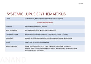 SYSTEMIC LUPUS ERYTHEMATOSUS
Cause Autoimmune, Multisystem Connective Tissue Disorder
Clinical Manifestations
Systemic  Fever,Malaise,Anorexia,Nausea
Musculoskeletal Arthralgias,Myalgias,Nonerosive Polyarthritis
Cardiopulmonary Pleurisy,Pericarditis,Myocarditis,Endocarditis,Pleural Effusions
Neurologic Organic Brain Syndromes,Psychosis,Seizures,Peripheral Neuropathy
Renal Nephrotic Syndrome,Renal Failure
Mucocutaneous Malar Rash(butterfly rash) ‐ Fixed Erythema over Malar eminences
Discoid rash ‐ Erythematous Raised Patches with adherent keratotic scaling
Photosensitivity,Oral ulcers
Dr N Anand
ANAND
 