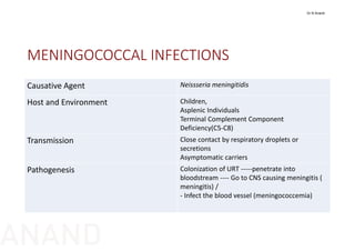 MENINGOCOCCAL INFECTIONS
Causative Agent Neissseria meningitidis
Host and Environment Children,
Asplenic Individuals
Terminal Complement Component 
Deficiency(C5‐C8)
Transmission Close contact by respiratory droplets or 
secretions
Asymptomatic carriers 
Pathogenesis Colonization of URT ‐‐‐‐‐penetrate into 
bloodstream ‐‐‐‐ Go to CNS causing meningitis ( 
meningitis) / 
‐ Infect the blood vessel (meningococcemia)
Dr N Anand
ANAND
 