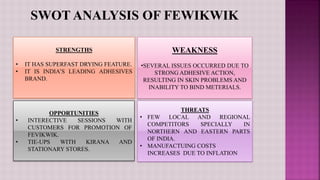 WEAKNESS
•SEVERAL ISSUES OCCURRED DUE TO
STRONG ADHESIVE ACTION,
RESULTING IN SKIN PROBLEMS AND
INABILITY TO BIND METERIALS.
STRENGTHS
• IT HAS SUPERFAST DRYING FEATURE.
• IT IS INDIA’S LEADING ADHESIVES
BRAND.
OPPORTUNITIES
• INTERECTIVE SESSIONS WITH
CUSTOMERS FOR PROMOTION OF
FEVIKWIK.
• TIE-UPS WITH KIRANA AND
STATIONARY STORES.
THREATS
• FEW LOCAL AND REGIONAL
COMPETITORS SPECIALLY IN
NORTHERN AND EASTERN PARTS
OF INDIA.
• MANUFACTUING COSTS
INCREASES DUE TO INFLATION
SWOT ANALYSIS OF FEWIKWIK
 