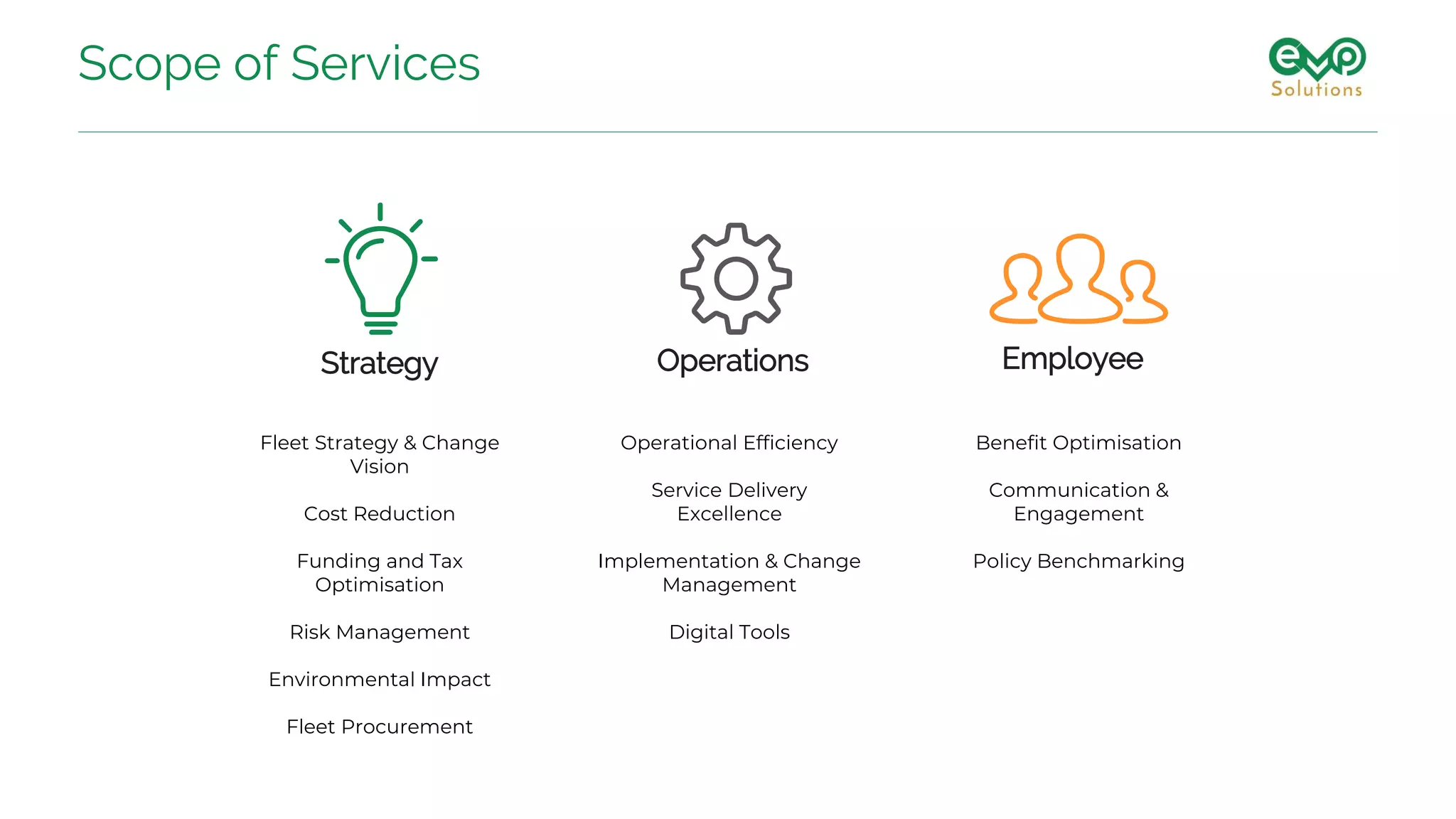 Fleet Strategy & Change
Vision
Cost Reduction
Funding and Tax
Optimisation
Risk Management
Environmental Impact
Fleet Procurement
Strategy Operations Employee
Scope of Services
Operational Efficiency
Service Delivery
Excellence
Implementation & Change
Management
Digital Tools
Benefit Optimisation
Communication &
Engagement
Policy Benchmarking
 