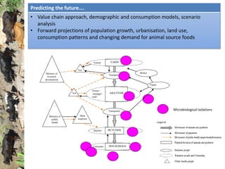 Predicting the future….
• Value chain approach, demographic and consumption models, scenario
analysis
• Forward projections of population growth, urbanisation, land use,
consumption patterns and changing demand for animal source foods
FARMFarmer
Transporter
BUTCHER
Y
Butcher
Transporter
HOUSEHOLDConsumer
ABATTOIR
Owner /
manager /
staff
Meat
inspector
Vet
Vet
Ministry of
public
health
Ministry of
livestock
development
Broker
Trader
Microbiological isolations
 