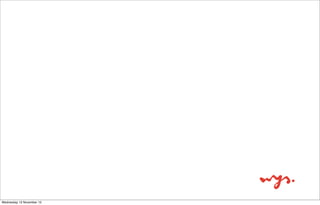 De hackathon: De technologieën
‣

HTML5

‣

Symfony 2

‣

SVG afbeeldingen

‣

NodeJS

‣

Voor toekomstige projecten

Wednesday 13 November 13

 