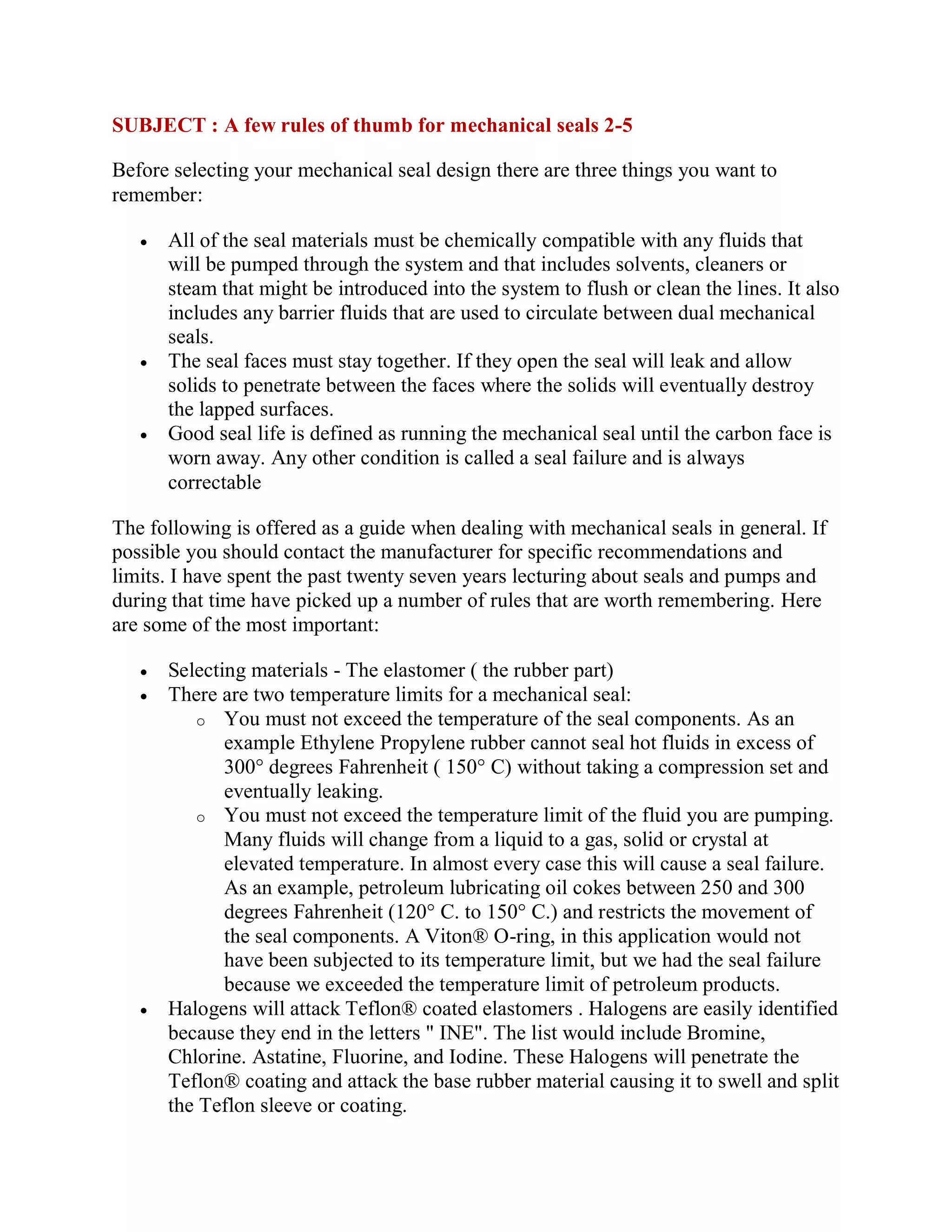 Few Thum Rule of MECHANICAL SEAL | PDF