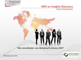 KWV en Insights Discovery
Flevum bijeenkomst
‘Het ontwikkelen van Menskracht binnen KWV’
Woensdag 10 juni 2012
 