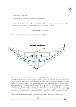 · Puertas y escaleras.
· Generaci´on de potencia el´ectrica en emergencia.
El sistema hidr´aulico se encuentra repartido por toda la aeronave suministrando a distin-
tas partes de la misma. El centro de gravedad del mismo estar´a a:
CDGHIDRAULICO = 3m
Se puede observar su distribuci´on en la siguiente ﬁgura:
− Sistema de combustible: El sistema de combustible tiene como objetivo suministrar a
los motores de combustible de manera adecuada tanto en t´erminos de presi´on como de
caudal. Adem´as participa en el control de estabilidad longitudinal de la aeronave y en los
procesos de intercambio de calor con otros ﬂuidos. Est´a compuesto por el subsistema de
almacenamiento de combustible (Dep´ositos de la aeronave) y el subsistema de distribu-
ci´on. El centro de gravedad del sistema de combustible se considera ubicado en el mismo
sitio que el de los tanques de combustible ya que ser´a la parte m´as pesada del sistema. El
subsistema de distribuci´on de combustible unir´a los tanques con los motores y la APU.
En la siguiente imagen se pueder ver la distribuci´on del sistema de combustible:
50
 