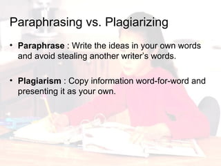 Paraphrasing vs. Plagiarizing Paraphrase  : Write  the ideas in your own words and avoid stealing another writer’s words. Plagiarism  : Copy information word-for-word and presenting it as your own. 