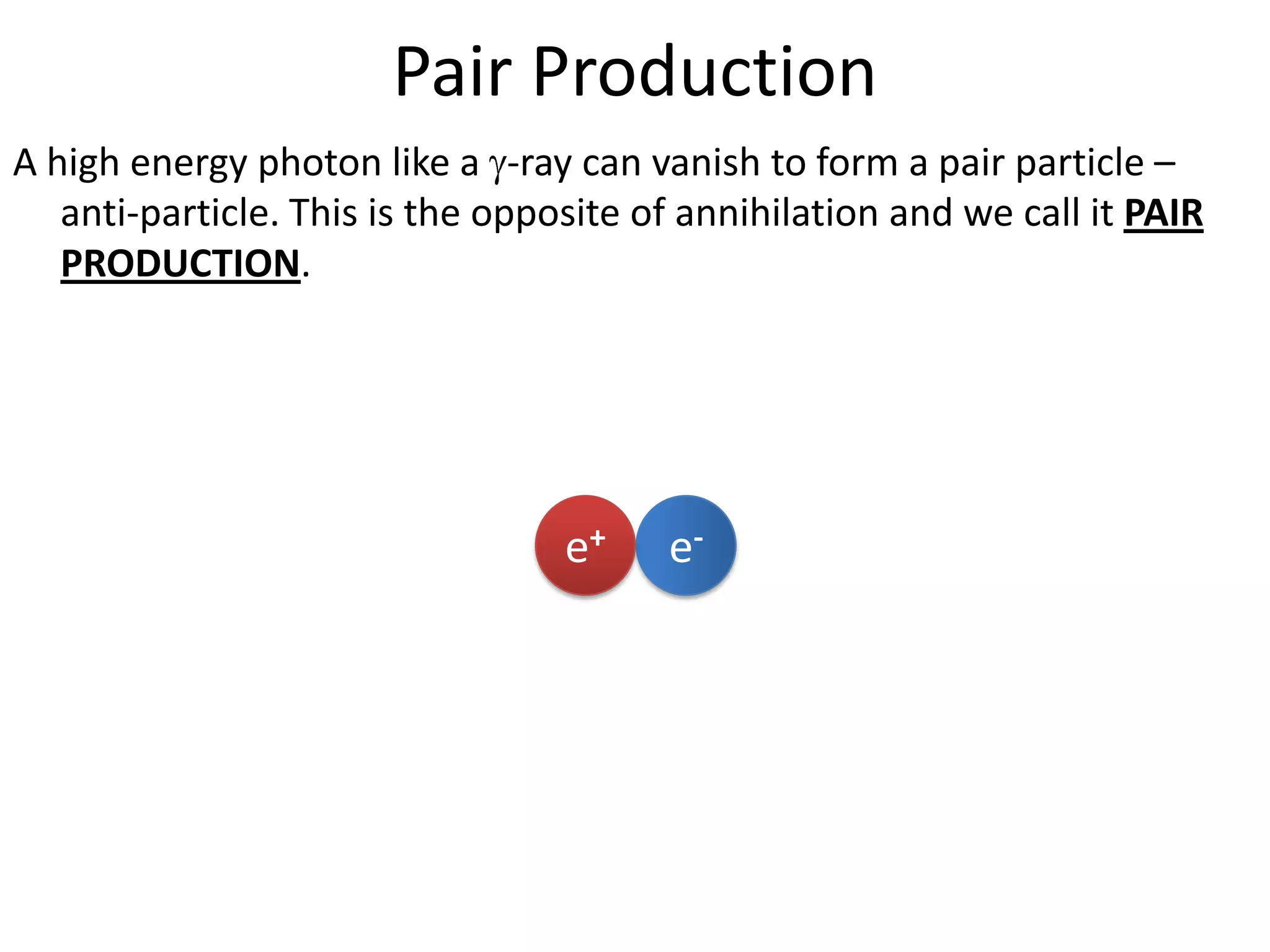 Pair Production
A high energy photon like a -ray can vanish to form a pair particle –
   anti-particle. This is the opposite of annihilation and we call it PAIR
   PRODUCTION.




                                  e+    e-
 