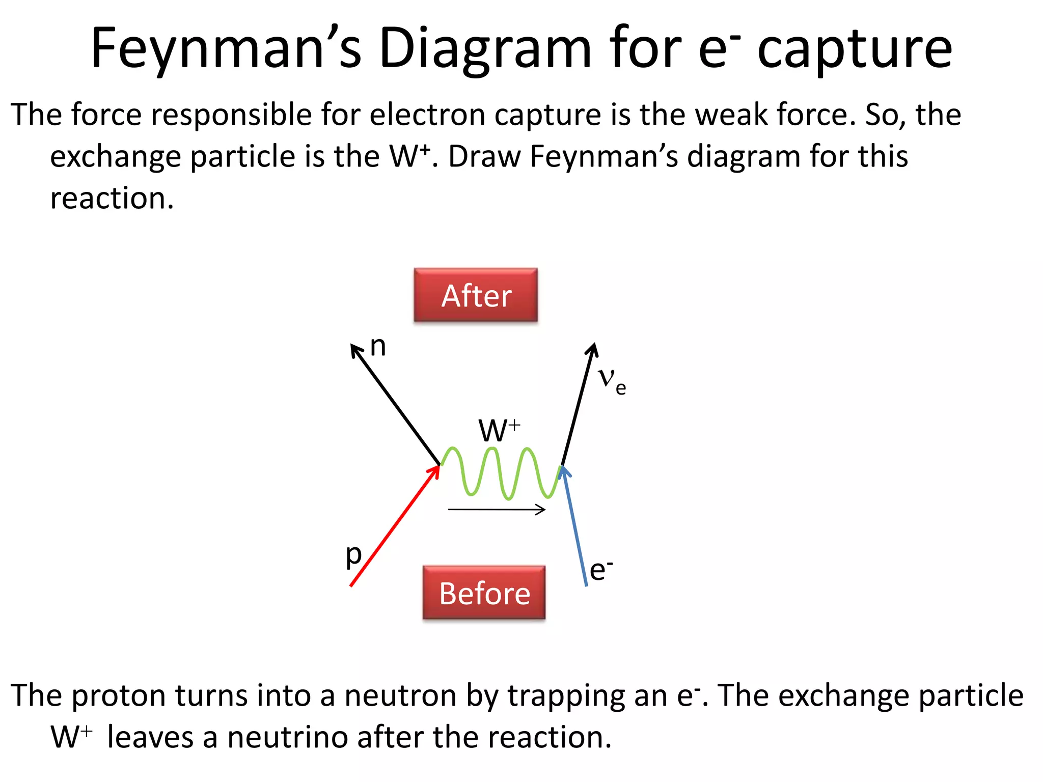 Feynman’s Diagram for e- capture
The force responsible for electron capture is the weak force. So, the
  exchange particle is the W+. Draw Feynman’s diagram for this
  reaction.

                                After
                            n
                                              e

                                  W


                        p                e-
                                Before

The proton turns into a neutron by trapping an e-. The exchange particle
  W leaves a neutrino after the reaction.
 