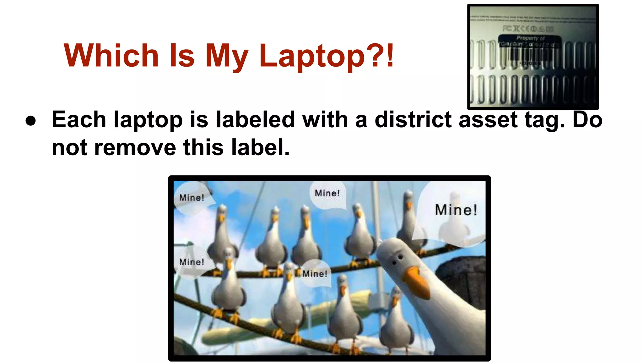 Which Is My Laptop?!
● Each laptop is labeled with a district asset tag. Do
not remove this label.
 