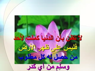 الوردة الخامسة  لا تظن بأن الدنيا كملت لأحد فليس على ظهر الأرض من حصل له كل مطلوب وسَلِم من أي كد ر 