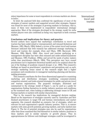 minor importance for some or most respondents in overseas markets are shown         International
in italics.                                                                            travel and
   In brief, the analysed field data confirmed the significance of most of the            tourism
strategies of mature markets and supported several other strategies. Support
was found for most of the strategies of growing markets in Germany, that is,
many of them were implemented in respondents' international strategic
approaches. Most of the strategies developed in the strategy model for niche              1301
market players were also confirmed as being very important in both overseas
markets.

Conclusions and implications for theory and practice
Several authors have argued that marketing's contribution to travel and
tourism has been undervalued or misrepresented, and misused (Calantone and
Mazanec, 1991; March, 1994). Indeed, a review of the extant travel and tourism
literature indicated that little research has addressed strategic marketing in
travel and tourism (for example, Chon and Olsen, 1990; Haywood, 1990;
Mazanec, 1994; March, 1994). Also, travel and tourism marketing as a
management discipline has been often misused and under-utilised (Calantone
and Mazanec, 1991; Faulkner, 1993a), and served the needs of policy makers
rather than practitioners (March, 1994). This perception may have caused
practitioners not to implement theoretical models and to be sceptical about the
use of the findings of academic research (Cooper et al., 1993). This research's
findings are based on practitioners' experiences and perceptions and, as such,
strategic marketing issues raised in this research might find a higher
acceptance and consideration in managerial marketing planning and decision-
making processes.
    This research contributes the first three-dimensional approach to examining
marketing and distribution strategies (combining consumer-oriented,
competitor-oriented, and trade-oriented strategies) for public and private travel
and tourism organisations. The proposed strategies, illustrated and
summarised in the strategy model of Figure 1, can be used as a guide for
organisations finding themselves in similar industry positions and conditions
as the examined ones, when looking at addressing strategic issues in UK and
German markets or markets with similar characteristics.
    That is, the research has implications for managerial decision making.
Based on the importance of strategies currently used by Australian and New
Zealand practitioners to target UK and German intermediaries and market
segments, this research identified an extensive list of strategies, which are
relevant for each organisation's specific industry position. That is, in mature
markets with some growth potential, growing markets, and niche markets (see
Figure 1). The list of potential strategies may also be used by organisations
other than those examined that find themselves in similar industry positions in
these markets and in similar maturity or growth phases. Thus its
appropriateness for follower and challenger strategies could be investigated in
 