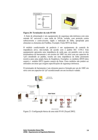 Figura 20: Terminador da rede FF-H1
 A fonte de alimentação é um equipamento de segurança não-intrínsica com uma
entrada AC universal e uma saída de 24Vdc, isolada, com proteção contra
sobrecorrente e curto-circuito, ripple e indicação de falha, apropriada para
alimentar os elementos do Fieldbus. Exemplo: Fonte DF52 da Smar.

O módulo condicionador de potência é um equipamento de controle de
impedância ativo, não-isolado, de acordo com o padrão IEC 1158-2. Este
equipamento apresenta uma impedância de saída que, em paralelo com os dois
terminadores de barramento ( um resistor de 100Ù em série com um capacitor de
1µF) atendendo ao padrão, resulta em uma impedância de linha puramente
resistiva para uma ampla faixa de freqüência. Exemplos: os módulos DF49 (dois
canais) e módulo DF53 (quatro canais) da Smar. Estes módulos não podem ser
utilizados em áreas que exigem especificações de segurança intrínseca.

O terminador de barramento é um elemento passivo formado por um de 100Ù em
série com um capacitor de 1µF acondicionado em um invólucro vedado.




Figura 21: Configuração básica de uma rede FF-H1 [Fayad 2003]




Autor: Constantino Seixas Filho                                           14
UFMG – Departamento de Engenharia Eletrônica
 