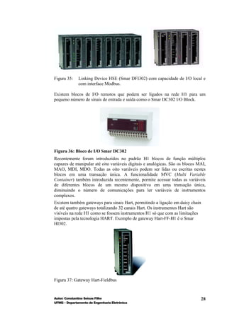 Figura 35:    Linking Device HSE (Smar DFI302) com capacidade de I/O local e
              com interface Modbus.

Existem blocos de I/O remotos que podem ser ligados na rede H1 para um
pequeno número de sinais de entrada e saída como o Smar DC302 I/O Block.




Figura 36: Bloco de I/O Smar DC302
Recentemente foram introduzidos no padrão H1 blocos de função múltiplos
capazes de manipular até oito variáveis digitais e analógicas. São os blocos MAI,
MAO, MDI, MDO. Todas as oito variáveis podem ser lidas ou escritas nestes
blocos em uma transação única. A funcionalidade MVC (Multi Variable
Container) também introduzida recentemente, permite acessar todas as variáveis
de diferentes blocos de um mesmo dispositivo em uma transação única,
diminuindo o número de comunicações para ler variáveis de instrumentos
complexos.
Existem também gateways para sinais Hart, permitindo a ligação em daisy chain
de até quatro gateways totalizando 32 canais Hart. Os instrumentos Hart são
visíveis na rede H1 como se fossem instrumentos H1 só que com as limitações
impostas pela tecnologia HART. Exemplo de gateway Hart-FF-H1 é o Smar
HI302.




Figura 37: Gateway Hart-Fieldbus


Autor: Constantino Seixas Filho                                               28
UFMG – Departamento de Engenharia Eletrônica
 