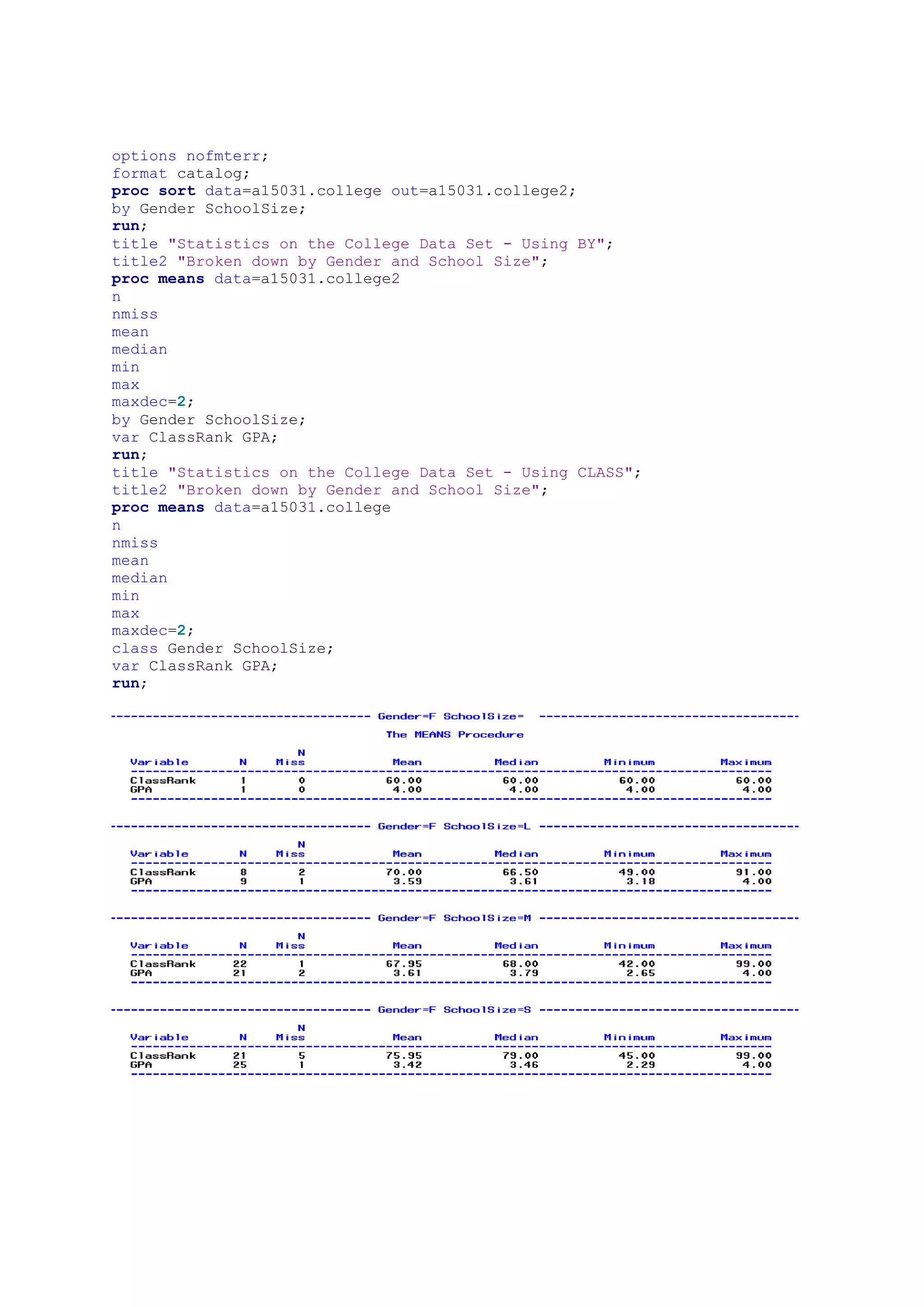options nofmterr;
format catalog;
proc sort data=a15031.college out=a15031.college2;
by Gender SchoolSize;
run;
title "Statistics on the College Data Set - Using BY";
title2 "Broken down by Gender and School Size";
proc means data=a15031.college2
n
nmiss
mean
median
min
max
maxdec=2;
by Gender SchoolSize;
var ClassRank GPA;
run;
title "Statistics on the College Data Set - Using CLASS";
title2 "Broken down by Gender and School Size";
proc means data=a15031.college
n
nmiss
mean
median
min
max
maxdec=2;
class Gender SchoolSize;
var ClassRank GPA;
run;
 