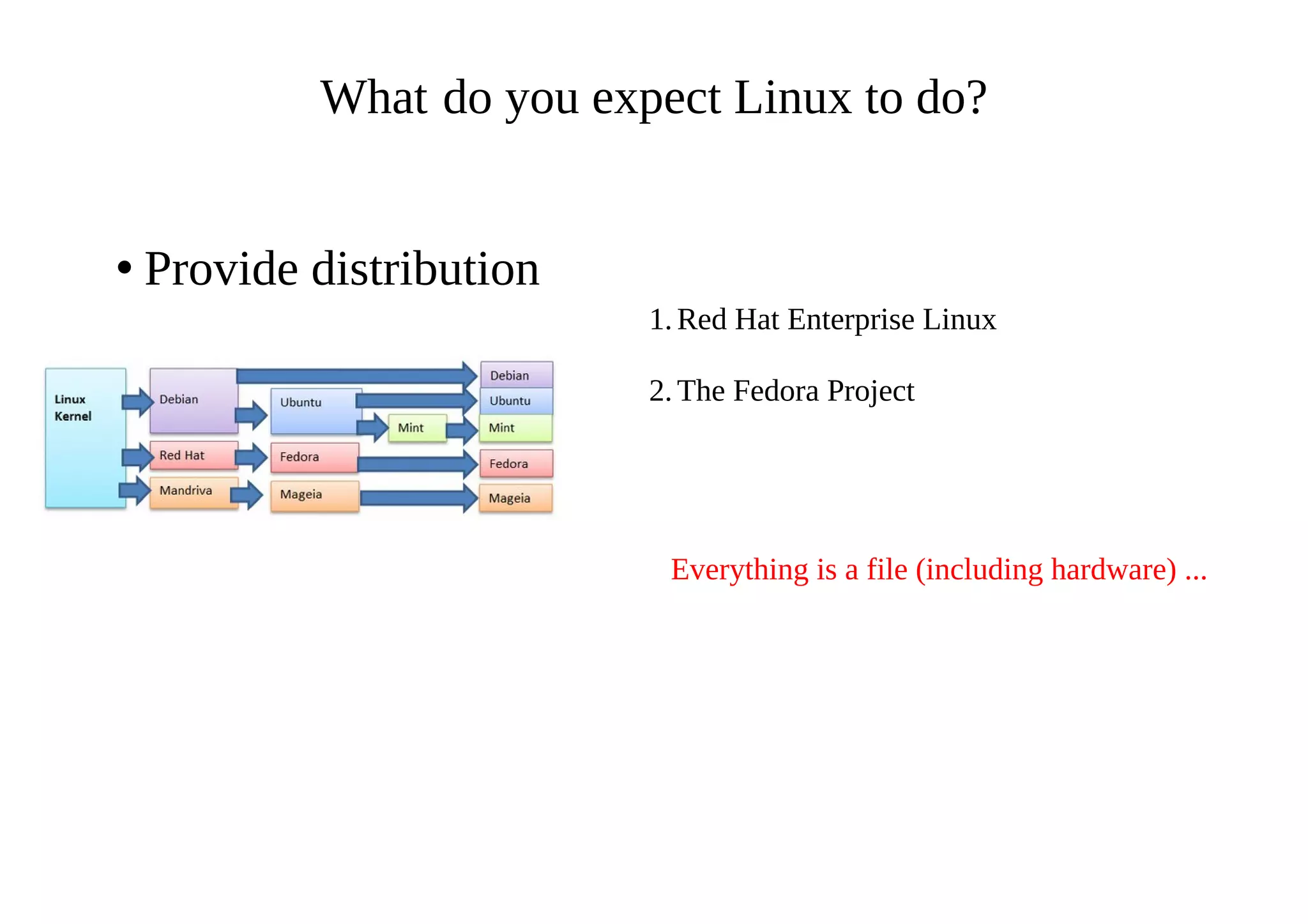 What do you expect Linux to do?
• Provide distribution
1.Red Hat Enterprise Linux
2.The Fedora Project
Everything is a file (including hardware) ...
 
