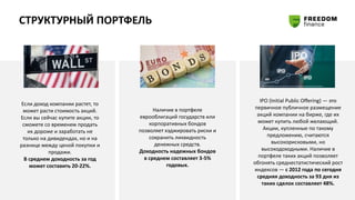 IPO (Initial Public Offering) ― это
первичное публичное размещение
акций компании на бирже, где их
может купить любой желающий.
Акции, купленные по такому
предложению, считаются
высокорисковыми, но
высокодоходными. Наличие в
портфеле таких акций позволяет
обгонять среднестатистический рост
индексов — с 2012 года по сегодня
средняя доходность за 93 дня из
таких сделок составляет 48%.
Если доход компании растет, то
может расти стоимость акций.
Если вы сейчас купите акции, то
сможете со временем продать
их дороже и заработать не
только на дивидендах, но и на
разнице между ценой покупки и
продажи.
В среднем доходность за год
может составить 20-22%.
Наличие в портфеле
еврооблигаций государств или
корпоративных бондов
позволяет хэджировать риски и
сохранить ликвидность
денежных средств.
Доходность надежных бондов
в среднем составляет 3-5%
годовых.
СТРУКТУРНЫЙ ПОРТФЕЛЬ
 