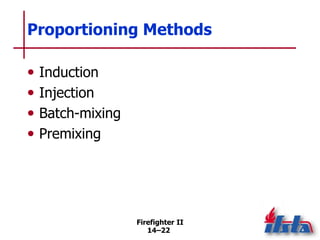 Firefighter II
14–22
Proportioning Methods
• Induction
• Injection
• Batch-mixing
• Premixing
 