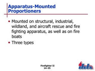 Firefighter II
14–25
Apparatus-Mounted
Proportioners
• Mounted on structural, industrial,
wildland, and aircraft rescue and fire
fighting apparatus, as well as on fire
boats
• Three types
 