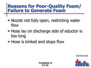 Firefighter II
14–32
Reasons for Poor-Quality Foam/
Failure to Generate Foam
• Nozzle not fully open, restricting water
flow
• Hose lay on discharge side of eductor is
too long
• Hose is kinked and stops flow
(Continued)
 