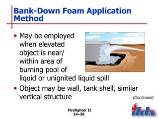 Firefighter II
14–36
Bank-Down Foam Application
Method
• May be employed
when elevated
object is near/
within area of
burning pool of
liquid or unignited liquid spill
• Object may be wall, tank shell, similar
vertical structure (Continued)
 