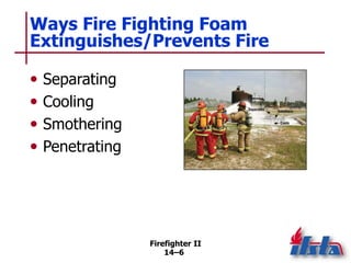 Firefighter II
14–6
Ways Fire Fighting Foam
Extinguishes/Prevents Fire
• Separating
• Cooling
• Smothering
• Penetrating
 
