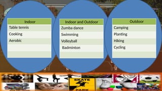 Table tennis
Cooking
Aerobic
Zumba dance
Swimming
Volleyball
Badminton
Camping
Planting
Hiking
Cycling
Indoor Indoor and Outdoor Outdoor
 