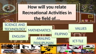 How will you relate
Recreational Activities in
the field of.
SCIENCE AND
TECHNOLOGY MATHEMATICS
ENGLISH
ICT-TLE
ARALING
PANLIPUNAN
FILIPINO
VALUES
 