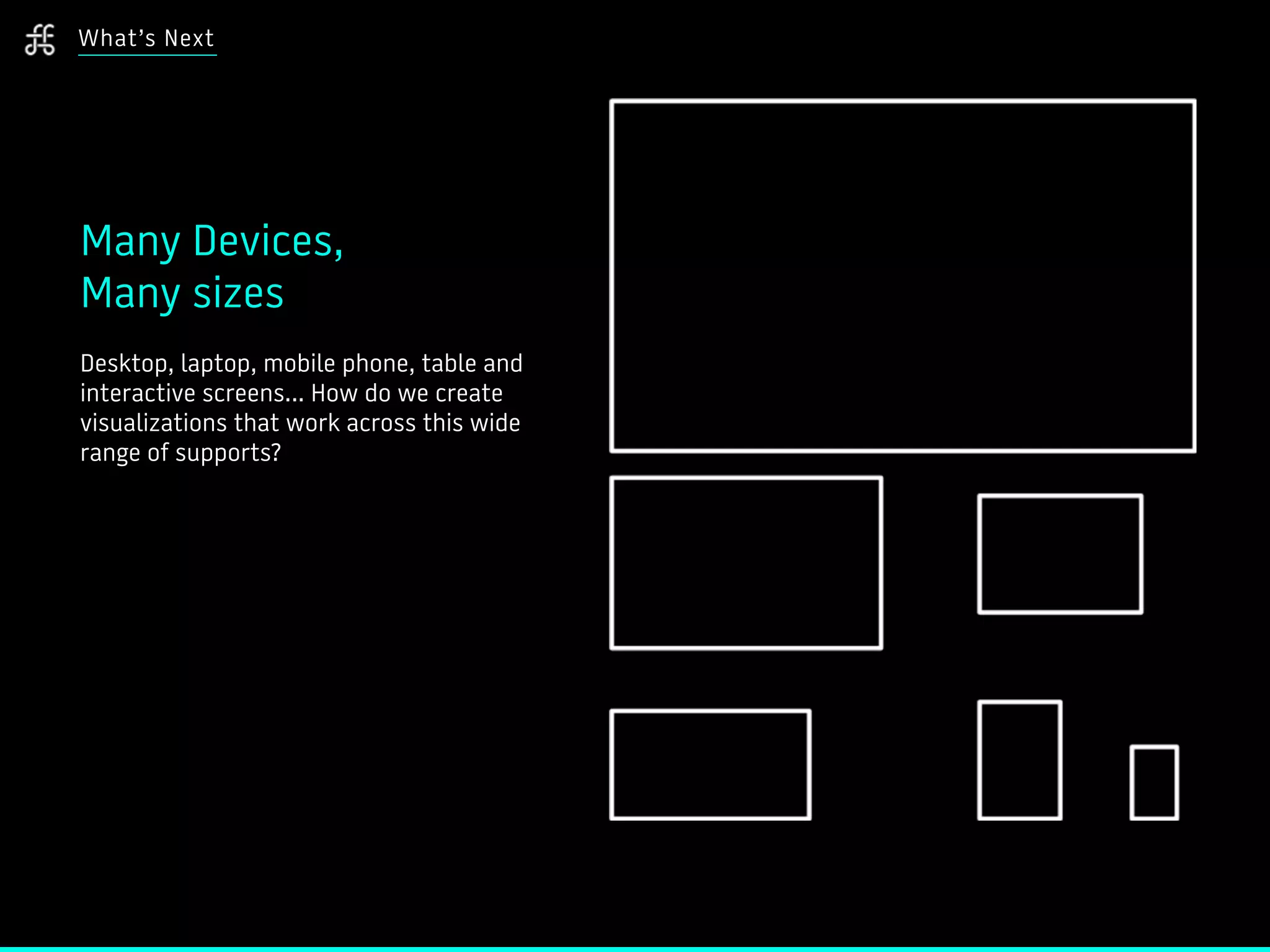 What’s Next
Many Devices,
Many sizes
Desktop, laptop, mobile phone, table and
interactive screens... How do we create
visualizations that work across this wide
range of supports?
 