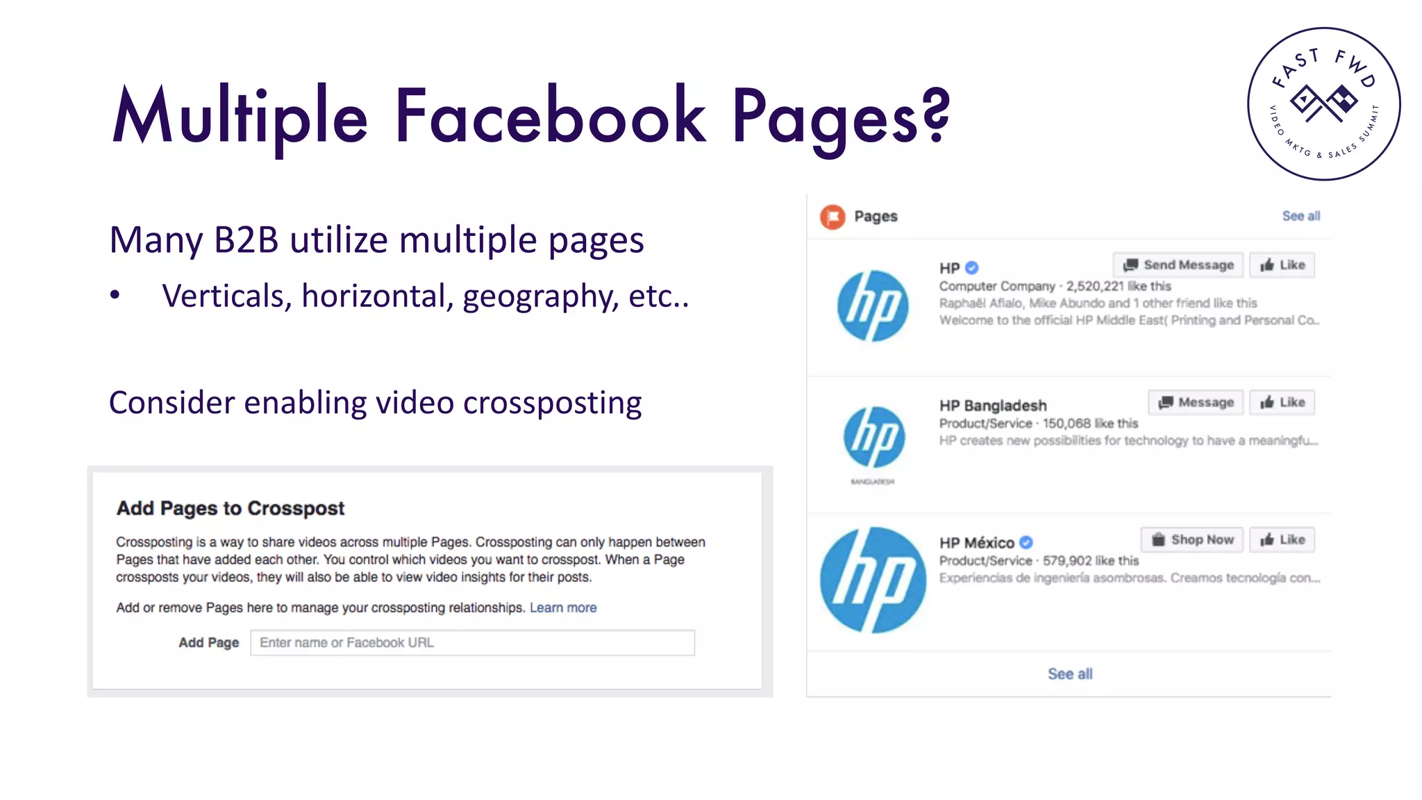 VIDEO
M
K
T G & S A L E S
S
U
M
MIT
FA
S T F W
D
Multiple Facebook Pages?
Many	B2B	utilize	multiple	pages
• Verticals,	horizontal,	geography,	etc..
Consider	enabling	video	crossposting
 