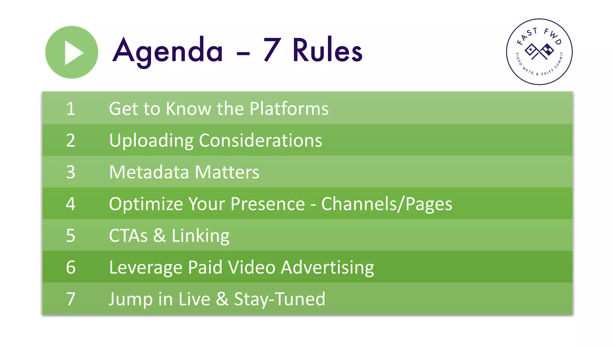 VIDEO
M
K
T G & S A L E S
S
U
M
MIT
FA
S T F W
D
Agenda – 7 Rules
1 Get	to	Know	the	Platforms
2 Uploading	Considerations
3 Metadata	Matters
4 Optimize	Your	Presence	- Channels/Pages
5 CTAs	&	Linking
6 Leverage	Paid	Video	Advertising
7 Jump in	Live	&	Stay-Tuned
 