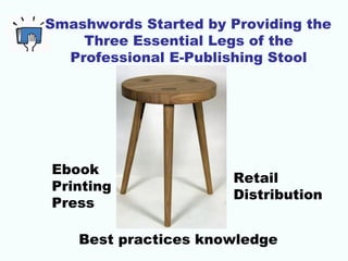 Smashwords Started by Providing the 
Three Essential Legs of the 
Professional E-Publishing Stool 
Ebook 
Printing 
Press ...