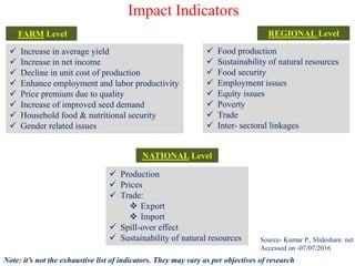 Impact Indicators
FARM Level
 Increase in average yield
 Increase in net income
 Decline in unit cost of production
 Enhance employment and labor productivity
 Price premium due to quality
 Increase of improved seed demand
 Household food & nutritional security
 Gender related issues
REGIONAL Level
 Food production
 Sustainability of natural resources
 Food security
 Employment issues
 Equity issues
 Poverty
 Trade
 Inter- sectoral linkages
 Production
 Prices
 Trade:
 Export
 Import
 Spill-over effect
 Sustainability of natural resources
NATIONAL Level
Note: it’s not the exhaustive list of indicators. They may vary as per objectives of research
Source- Kumar P., Slideshare. net
Accessed on -07/07/2016
 