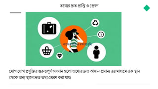 তজ্থযরদ্রুত প্র বি ও মপ্ররি
ময গ জ্য গ প্রযুবির গুরুত্বপূিম অব্দ ন হজ্ে তজ্থযরদ্রুত আদ ন-প্রদ ন। এর ম ধযজ্ম এক স্থ ন
মথজ্ক অনয স্থ জ্ন দ্রুত তথয মপ্ররি কর য য়।
ক জ্যর গবতও দেত ব্ৃবি
 