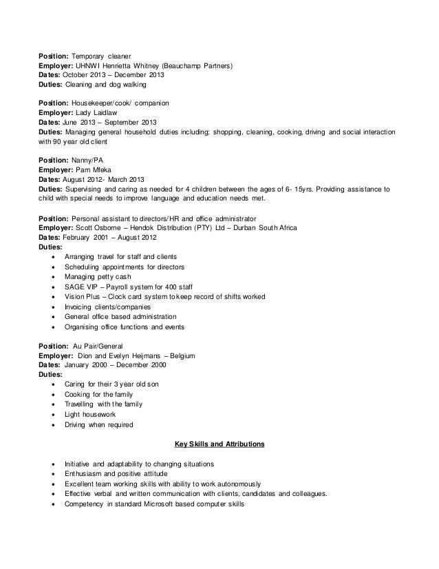 Au pair job description resume