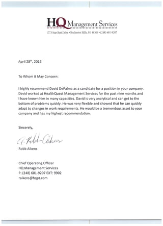 Reference Letter from Robb Aikens - Chief Operating Officer