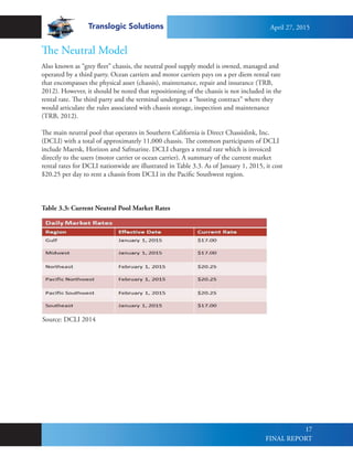 Translogic Solutions
17
The Neutral Model
Also known as “grey fleet” chassis, the neutral pool supply model is owned, managed and
operated by a third party. Ocean carriers and motor carriers pays on a per diem rental rate
that encompasses the physical asset (chassis), maintenance, repair and insurance (TRB,
2012). However, it should be noted that repositioning of the chassis is not included in the
rental rate. The third party and the terminal undergoes a “hosting contract” where they
would articulate the rules associated with chassis storage, inspection and maintenance
(TRB, 2012).
The main neutral pool that operates in Southern California is Direct Chassislink, Inc.
(DCLI) with a total of approximately 11,000 chassis. The common participants of DCLI
include Maersk, Horizon and Safmarine. DCLI charges a rental rate which is invoiced
directly to the users (motor carrier or ocean carrier). A summary of the current market
rental rates for DCLI nationwide are illustrated in Table 3.3. As of January 1, 2015, it cost
$20.25 per day to rent a chassis from DCLI in the Pacific Southwest region.
Source: DCLI 2014
Table 3.3: Current Neutral Pool Market Rates
April 27, 2015
FINAL REPORT
 