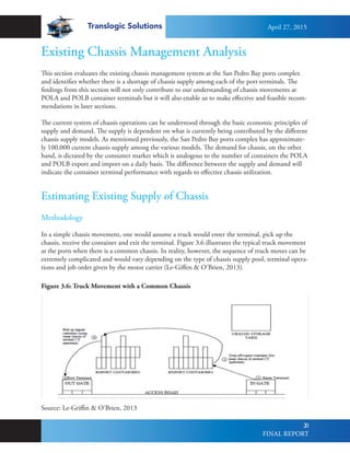 Translogic Solutions
20
Existing Chassis Management Analysis
This section evaluates the existing chassis management system at the San Pedro Bay ports complex
and identifies whether there is a shortage of chassis supply among each of the port terminals. The
findings from this section will not only contribute to our understanding of chassis movements at
POLA and POLB container terminals but it will also enable us to make effective and feasible recom-
mendations in later sections.
The current system of chassis operations can be understood through the basic economic principles of
supply and demand. The supply is dependent on what is currently being contributed by the different
chassis supply models. As mentioned previously, the San Pedro Bay ports complex has approximate-
ly 100,000 current chassis supply among the various models. The demand for chassis, on the other
hand, is dictated by the consumer market which is analogous to the number of containers the POLA
and POLB export and import on a daily basis. The difference between the supply and demand will
indicate the container terminal performance with regards to effective chassis utilization.
Estimating Existing Supply of Chassis
Methodology
In a simple chassis movement, one would assume a truck would enter the terminal, pick up the
chassis, receive the container and exit the terminal. Figure 3.6 illustrates the typical truck movement
at the ports when there is a common chassis. In reality, however, the sequence of truck moves can be
extremely complicated and would vary depending on the type of chassis supply pool, terminal opera-
tions and job order given by the motor carrier (Le-Giffen & O’Brien, 2013).
Source: Le-Griffin & O’Brien, 2013
Figure 3.6: Truck Movement with a Common Chassis
April 27, 2015
FINAL REPORT
 
