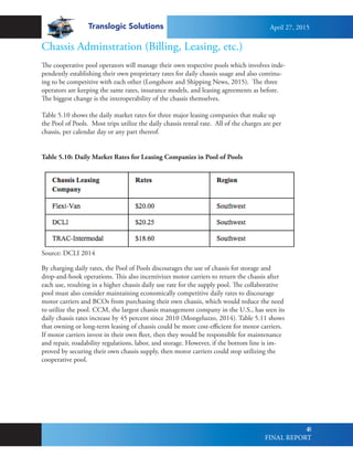 Translogic Solutions
48
Chassis Adminstration (Billing, Leasing, etc.)
The cooperative pool operators will manage their own respective pools which involves inde-
pendently establishing their own proprietary rates for daily chassis usage and also continu-
ing to be competitive with each other (Longshore and Shipping News, 2015). The three
operators are keeping the same rates, insurance models, and leasing agreements as before.
The biggest change is the interoperability of the chassis themselves.
Table 5.10 shows the daily market rates for three major leasing companies that make up
the Pool of Pools. Most trips utilize the daily chassis rental rate. All of the charges are per
chassis, per calendar day or any part thereof.
By charging daily rates, the Pool of Pools discourages the use of chassis for storage and
drop-and-hook operations. This also incentivizes motor carriers to return the chassis after
each use, resulting in a higher chassis daily use rate for the supply pool. The collaborative
pool must also consider maintaining economically competitive daily rates to discourage
motor carriers and BCOs from purchasing their own chassis, which would reduce the need
to utilize the pool. CCM, the largest chassis management company in the U.S., has seen its
daily chassis rates increase by 45 percent since 2010 (Mongeluzzo, 2014). Table 5.11 shows
that owning or long-term leasing of chassis could be more cost-efficient for motor carriers.
If motor carriers invest in their own fleet, then they would be responsible for maintenance
and repair, roadability regulations, labor, and storage. However, if the bottom line is im-
proved by securing their own chassis supply, then motor carriers could stop utilizing the
cooperative pool.
Table 5.10: Daily Market Rates for Leasing Companies in Pool of Pools
Source: DCLI 2014
April 27, 2015
FINAL REPORT
 