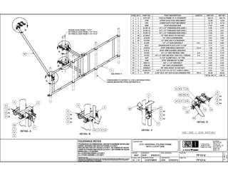 DETAIL A
DETAIL B
DETAIL C
DETAIL D
DESCRIPTION
DRAWING USAGE CHECKED BY
ENG. APPROVALDRAWN BY
DWG. NO.
CPD NO.
KC8
1OF2
CEK 2/19/2013
8/8/2012 FF12-U
12'-6" UNIVERSAL FOLDING FRAME
WITH (1) STIFF ARM
4647
CUSTOMER FF12-U
CLASS SUB
PART NO.
81 01
PAGE
TOLERANCES ON DIMENSIONS, UNLESS OTHERWISE NOTED ARE:
SAWED, SHEARED AND GAS CUT EDGES (± 0.030")
DRILLED AND GAS CUT HOLES (± 0.030") - NO CONING OF HOLES
LASER CUT EDGES AND HOLES (± 0.010") - NO CONING OF HOLES
BENDS ARE ± 1/2 DEGREE
ALL OTHER MACHINING (± 0.030")
ALL OTHER ASSEMBLY (± 0.060")
TOLERANCE NOTES
PROPRIETARY NOTE:
THE DATA AND TECHNIQUES CONTAINED IN THIS DRAWING ARE PROPRIETARY INFORMATION OF VALMONT
INDUSTRIES AND CONSIDERED A TRADE SECRET. ANY USE OR DISCLOSURE WITHOUT THE CONSENT OF
VALMONT INDUSTRIES IS STRICTLY PROHIBITED.
Engineering
Support Team:
1-888-753-7446
valmont
Locations:
New York, NY
Atlanta, GA
Los Angeles, CA
Plymouth, IN
Salem, OR
Dallas, TX
NET WT.UNIT WT.LENGTHPART DESCRIPTIONPART NO.QTYITEM
224.75224.75FOLD A FRAME 12', 3' STANDOFFX-FF12311
13.9013.90UPPER GATE FOOT WELDMENTCFM12
12.7212.72LOWER GATE FOOT WELDMENTCFS13
9.064.53GATE BACKING BARGBB24
0.700.351/2" x 10" THREADED ROD (HDG.)G12R-1025
2.810.351/2" x 12" THREADED ROD (HDG.)G12R-1286
2.810.351/2" x 15" THREADED ROD (HDG.)G12R-1586
3.510.071/2'' HDG HEAVY 2H HEX NUTG12NUT497
0.680.011/2" HDG LOCKWASHERG12LW498
1.670.031/2" HDG USS FLATWASHERG12FW499
0.690.345 in.1/2'' x 5" A325 HDG BOLTA1205210
3.713.71CROSSOVER PLATE 2-3/8" X 2-3/8"SCX1111
1.391.392.5 inSTIFF ARM ANGLE BRACKETX-STA3112
2.741.37STIFF ARM CHANNEL BRACKETX-STU213
0.180.182 in1/2'' x 2" HDG HEX BOLT GR5G1202114
0.430.223 in1/2" x 3" HDG HEX BOLT GR5 FULL THREADG1203215
0.650.654-1/16" CLAMP HALF, 1/4" THK.ACP116
0.770.77STIFF ARM MOUNT CLAMPSAM117
0.250.251.5 in5/8'' x 1-1/2" HDG BOLTG58112118
0.030.035/8" HDG LOCKWASHERG58LW119
0.130.135/8'' HDG HEAVY 2H HEX NUTG58NUT120
7.500.631/2" X 2-1/2" X 4-1/2" X 2" U-BOLT (HDG.)X-UB12121221
48.0648.06150 in2-3/8" OD X 150" SCH 40 GALVANIZED PIPEP2150122
A
B
C
D
TOTAL WT. # 346.18
SEE SHT 2 FOR DETAILS
SEE SHEET 3
1
2
4
10
7
8
9
3
4
6
7
8
9
22
21
9
8
7
X2
X2
X2
17
16
15789
181920
13
5
7
8
9
12
ROUND LEGS FROM 1" TO 8"
60° ANGLE LEGS FROM 1-1/2" TO 8"
90° ANGLE LEGS FROM 1-1/2" TO 6"
22
1
1
22
6
7
8
9
X2
X2
X2
X2
X2
X2
10 7 8 9
14789
X2
X2
X2
CONFIGURED TO ACCEPT 2, 3 OR 4 ANTENNA PIPES
(ORDER MOUNTING PIPES SEPARATELY)
11
 