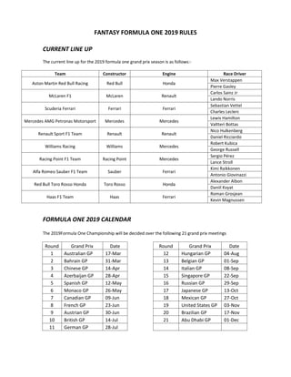 FANTASY FORMULA ONE 2019 RULES
CURRENT LINE UP
The current line up for the 2019 formula one grand prix season is as follows:-
Team Constructor Engine Race Driver
Aston Martin Red Bull Racing Red Bull Honda
Max Verstappen
Pierre Gasley
McLaren F1 McLaren Renault
Carlos Sainz Jr
Lando Norris
Scuderia Ferrari Ferrari Ferrari
Sebastian Vettel
Charles Leclerc
Mercedes AMG Petronas Motorsport Mercedes Mercedes
Lewis Hamilton
Valtteri Bottas
Renault Sport F1 Team Renault Renault
Nico Hulkenberg
Daniel Ricciardo
Williams Racing Williams Mercedes
Robert Kubica
George Russell
Racing Point F1 Team Racing Point Mercedes
Sergio Pérez
Lance Stroll
Alfa Romeo Sauber F1 Team Sauber Ferrari
Kimi Raikkonen
Antonio Giovinazzi
Red Bull Toro Rosso Honda Toro Rosso Honda
Alexander Albon
Daniil Kvyat
Haas F1 Team Haas Ferrari
Roman Grosjean
Kevin Magnussen
FORMULA ONE 2019 CALENDAR
The 2019Formula One Championship will be decided over the following 21 grand prix meetings
Round Grand Prix Date Round Grand Prix Date
1 Australian GP 17-Mar 12 Hungarian GP 04-Aug
2 Bahrain GP 31-Mar 13 Belgian GP 01-Sep
3 Chinese GP 14-Apr 14 Italian GP 08-Sep
4 Azerbaijan GP 28-Apr 15 Singapore GP 22-Sep
5 Spanish GP 12-May 16 Russian GP 29-Sep
6 Monaco GP 26-May 17 Japanese GP 13-Oct
7 Canadian GP 09-Jun 18 Mexican GP 27-Oct
8 French GP 23-Jun 19 United States GP 03-Nov
9 Austrian GP 30-Jun 20 Brazilian GP 17-Nov
10 British GP 14-Jul 21 Abu Dhabi GP 01-Dec
11 German GP 28-Jul
 