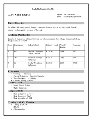 CURRICULUM VITAE
ALOK NATH RAJPUT
CareerObjective
To achieve high career growth through a continuous learning process and keep myself dynamic,
visionary and competitive scenario of the world
Academic Qualification
Bachelor of Engineering in Stream Electronic and Telecommunication from Jabalpur Engineering College,
Jabalpur with 7.37 as CGPA
S.No. Examination College/School University/board Year Of
Passing
Percentage
1 B.E. Jabalpur Engineering
College, Jabalpur
R.G.P.V. 2014 73.7
2 XII Jawahar Navodhaya
Vidhyalaya
C.B.S.E. 2010 65.0
3 X Jawahar Navodhaya
Vidhyalaya
C.B.S.E. 2008 83.60
Experiences
 Company - SpoonJoy
 Current Designation - Operation Executive
 Work Experience - 8 Month
 Current Company - Grofers
TechnicalSkills
 Linear Control System
 Digital Electronics
Language Skills
 Basic Concept of C / C++
 Basic Concept of JAVA
 Basic knowledge of SQL
Training And Certification
 Training in CCNA
 HTML5
 C Programming
Mobile : +91-8867573015
Email : alok.rajput6@gmail.com
 