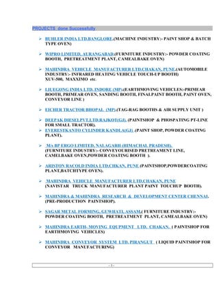 PROJECTS done Successfully
 BUHLER INDIA LTD.BANGLORE.(MACHINE INDUSTRY:- PAINT SHOP & BATCH
TYPE OVEN)
 WIPRO LIMITED, AURANGABAD.(FURNITURE INDUSTRY:- POWDER COATING
BOOTH, PRETREATMENT PLANT, CAMEALBAKE OVEN)
 MAHINDRA VEHICLE MANUFACTURER LTD.CHAKAN, PUNE.(AUTOMOBILE
INDUSTRY:- INFRARED HEATING VEHICLE TOUCH-UP BOOTH)
XUV-500, MAXXIMO etc.
 LIUEGONG INDIA LTD. INDORE (MP).(EARTHMOVING VEHICLES:-PRIMEAR
BOOTH, PRIMEAR OVEN, SANDING BOOTH, FINALPAINT BOOTH, PAINT OVEN,
CONVEYOR LINE )
 EICHER TRACTOR BHOPAL (MP).(TAG-RAG BOOTHS & AIR SUPPLY UNIT )
 DEEPAK DIESELPVT.LTD.RAJKOT(GJ). (PAINTSHOP & PHOSPATING PT-LINE
FOR SMALL TRACTOR).
 EVERESTKANTO CYLINDER KANDLA(GJ) .(PAINT SHOP, POWDER COATING
PLANT).
 M/s BP ERGO LIMITED, NALAGARH (HIMACHAL PRADESH).
(FURNITURE INDUSTRY:- CONVEYOURISED PRETREAMENT LINE,
CAMELBAKE OVEN,POWDER COATING BOOTH ).
 ARISTON RACOLD INDIA LTD.CHKAN, PUNE (PAINTSHOP,POWDERCOATING
PLANT,BATCHTYPE OVEN).
 MAHINDRA VEHICLE MANUFACTURER LTD.CHAKAN, PUNE
(NAVISTAR TRUCK MANUFACTURER PLANT PAINT TOUCHUP BOOTH).
 MAHINDRA & MAHINDRA RESEARCH & DEVELOPMENT CENTER CHENNAI.
(PRE-PRODUCTION PAINTSHOP).
 SAGAR METAL FORMING, GUWHATI, ASSAM.( FURNITURE INDUSTRY:-
POWDER COATING BOOTH, PRETREATMENT PLANT, CAMEALBAKE OVEN)
 MAHINDRA EARTH- MOVING EQUPMENT LTD. CHAKAN. ( PAINTSHOP FOR
EARTHMOVING VEHICLES)
 MAHINDRA CONVEYOR SYSTEM LTD. PIRANGUT ( LIQUID PAINTSHOP FOR
CONVEYOR MANUFACTURING)
- 3 -
 