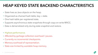 © 2018 data Artisans
HEAP KEYED STATE BACKEND CHARACTERISTICS
• State lives as Java objects on the heap.
• Organized as chained hash table, key ↦ state.
• One hash table per registered state.
• Supports asynchronous state snapshots through copy-on-write MVCC.
• Data is de/serialized only during state snapshot and restore.
• Highest performance.
• Affected by garbage collection overhead / pauses.
• Currently no incremental checkpoints.
• Memory overhead of representation.
• State size limited by available heap memory.
11
 