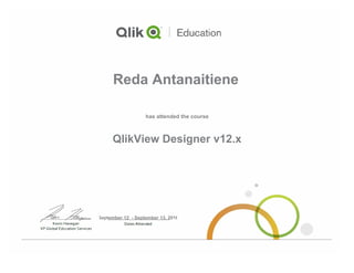 QlikView Designer v12.x
Reda Antanaitiene
September 12 - September 13, 2016
has attended the course
 