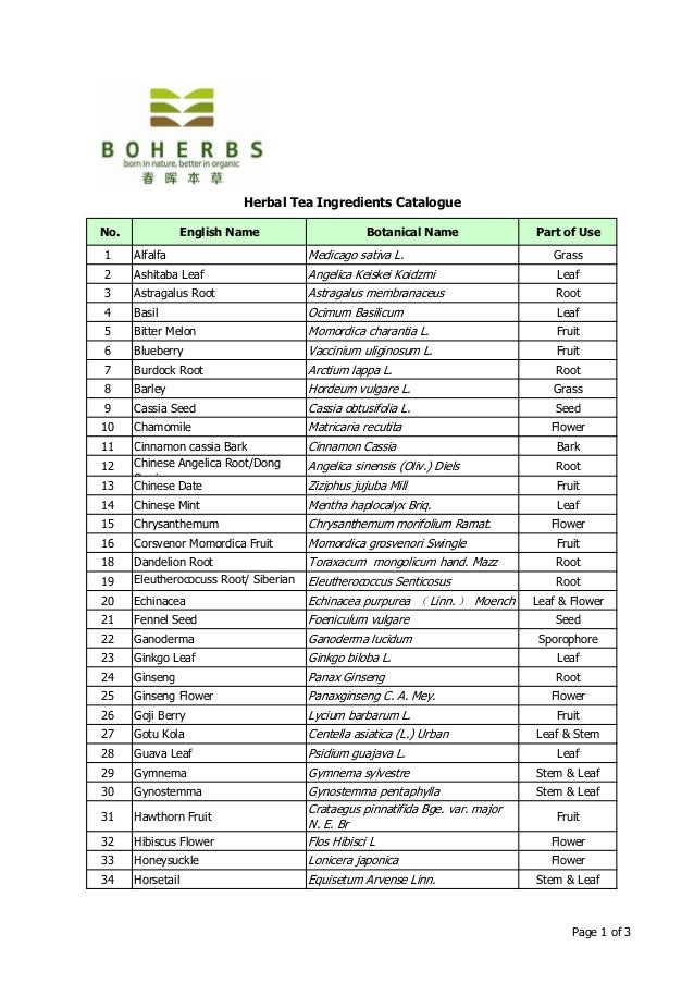 Boherbs CatalogueHerbal Tea Ingredients