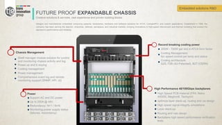 FUTURE PROOF EXPANDABLE CHASSIS
Shelf manager module solution for control
and monitoring chassis activity and log.
Creative solutions & services, vast experience and proven building blocks
Designs and manufactures embedded computing systems, backplanes, hardware and software solutions for ATCA, CompactPCI, and custom applications. Established in 1998, the
company has been serving the telecom, enterprise, defense, aerospace, and industrial markets, bringing innovations in high-speed interconnect and thermal modeling that exceed the
standard in performance and reliability.
Record breaking cooling power
200W - 700W per slot in ATCA form factor
Cooling Management:
fan speed control per temp and status
Cooling architecture:
S2S, F2B (4U-Patented), B2T (CERN)
High Performance 40/100Gbps backplanes
High Speed PCB material (FR4, Nelco
4000SI, Megtron6, Tachiyon)
optimize layer stack-up, routing and via design
High speed signal integrity simulations
Layer stack-up
Routing and vias design
Backplane high speed performance verification
tests.
Power up and E-keying
Cooling management
Power management
Comprehensive event log and remote
monitoring support (SNMP, HPI, cli)
Power
Support AC and DC power
Up to 250A @ 48V
Redundancy: N+1 / N+N
Monitoring power supply status
(failures, redundancy)
Chassis Management
Embedded solutions R&D
 