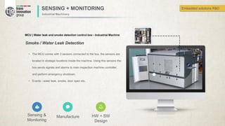 SENSING + MONITORING
Industrial Machinery
MCU | Water leak and smoke detection control box - Industrial Machine
Sensing &
Monitoring
Manufacture HW + SW
Design
Smoke / Water Leak Detection
• The MCU comes with 3 sensors connected to the box, the sensors are
located in strategic locations inside the machine. Using this sensors the
box sends signals and alarms to main inspection machine controller,
and perform emergency shutdown.
• Events - water leak, smoke, door open etc.
Embedded solutions R&D
 